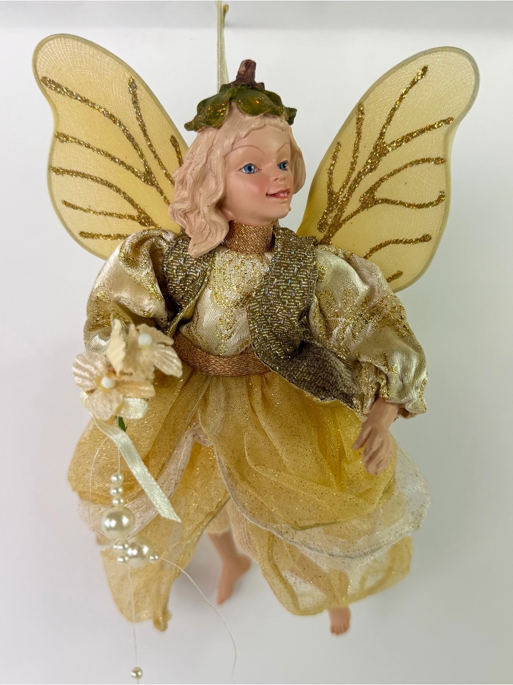 Vintage 9” Fairy Doll Hanging Winged Gold Ivory Christmas Woodland Pixie Decor